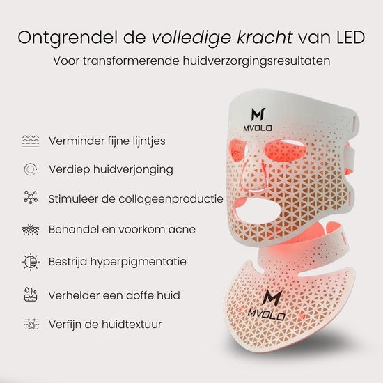 Mvolo® LED-Gesichtsmaske - Professionelle Rotlicht-Therapie-Maske mit Halsmaske - Infrarot-Lichtmaske 4 Wellenlängen - Kabellos - Hautpflege