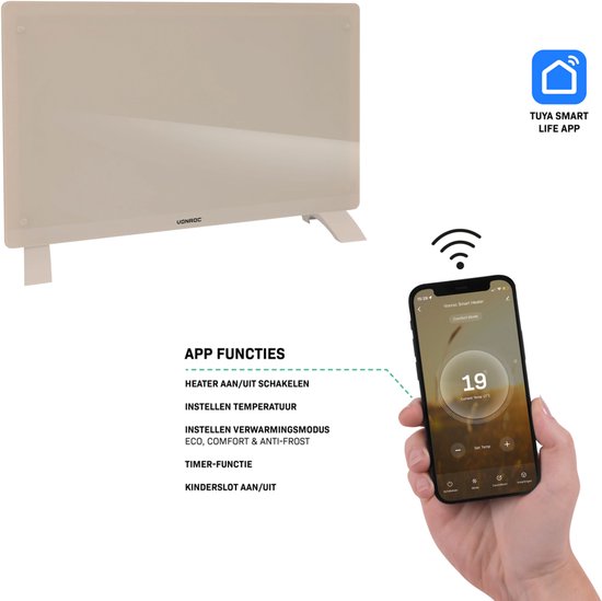 VONROC Luxury electric heater - Konvektorheizung mit Glasscheibe - 1000W/2000W- Beheizt Räume bis zu 24m2 - Gesteuert sowohl mit App (über Wifi) als auch manuell - Einstellbarer Thermostat und Timer - Beige