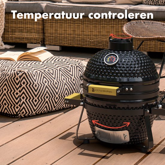 KitchenBrothers Kamado BBQ - 13 Zoll Holzkohlegrill - 27⌀ cm - Deluxe Set - Eiergrill mit Zubehör inklusive Abdeckung - Schwarz