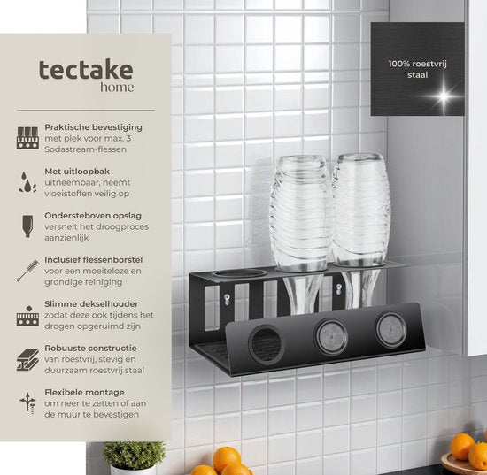 tectake - Sodaflaschenhalter - Tropfschale für Flaschen - Flaschenständer - Tropfgitter - Edelstahl - Inkl. herausnehmbarer Tropfmatte - Für 3 Flaschen