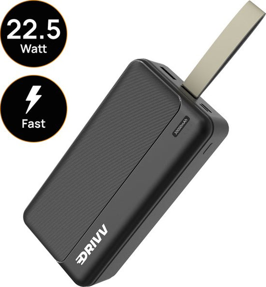 Drivv. Powerbank 30.000 mAh - 22,5 W Schnellladegerät - USB 3.0 - USB-C - Micro USB - Schwarz