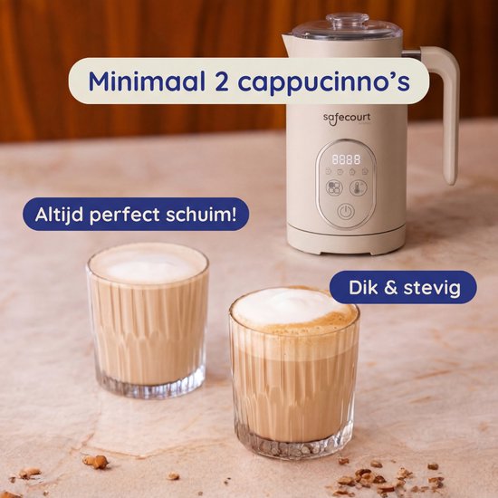Safecourt kitchen Elektrischer Milchaufschäumer - 100% PFAS-frei - Display & Temperaturkontrolle - 4-in-1 - 350ml - Beige