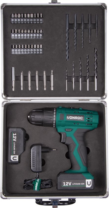 VONROC Akku-Bohrmaschine - 12V Li-Ion - Inkl. Aluminium-Koffer, 46 Zubehörteile, 2x Akku & Ladegerät