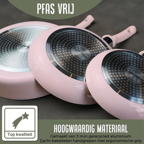 COOCK Wokpfanne Induktion 32cm - Spezial-Antihaftbeschichtung - Bratpfanne mit Deckel - Recyceltes Aluminium - Hellrosa/Weiß - Inklusive E-book
