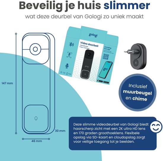 Gologi Video-Türklingel - Intelligente Türklingel mit Kamera und WiFi - HD-Videoqualität - Schnurlos mit Batterie - Inklusive Wandhalterung und Klingel - Nachtsicht - Wasserdicht - Schwarz