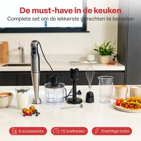 AoraKitchen Stabmixer-Set - 6 Teile - 1000W - Turbo - Milchaufschäumer - Zerkleinerer - Messbecher - Schneebesen