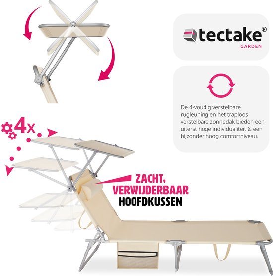 tectake - Sonnenliege Sonnenliege - 4 Positionen, klappbar - beige - 68 x 190 x 28 cm, mit Seitentasche