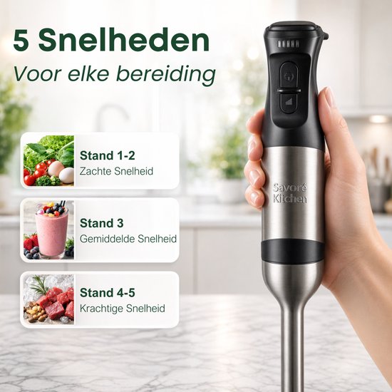 Savoré Kitchen Stabmixer Pro+ 1500 W – Mixer-Set mit Zerkleinerer (600 ml), Schneebesen, Milchaufschäumer und Messbecher – 5 Geschwindigkeitsstufen – 6 Klingen – Edelstahl