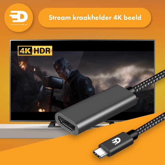 Drivv. USB C zu HDMI Adapter - Unterstützt 4K 60Hz - Thunderbolt 3 - Nylon - Grau
