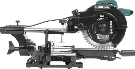 VONROC PRO Kappsäge - Fällsäge - Gehrungssäge - 2200W - Ø255mm - Schneidet Holz, Kunststoff und Metall - Regelbare Geschwindigkeit - Schnittkapazität 340mm - Verstellbare Tischverlängerung - Zugfunktion - Neigbar - Längenanschlag - Inkl. Sägeblatt, Laser