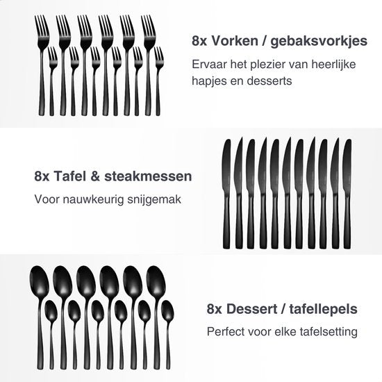 Deleca 8 Personen Besteck-Set Essential (48 Teile) - Löffel, Messer, Gabeln, Steakmesser & Kuchengabeln - Spülmaschinenfestes Besteck - Glänzend Schwarz / Edelstahl