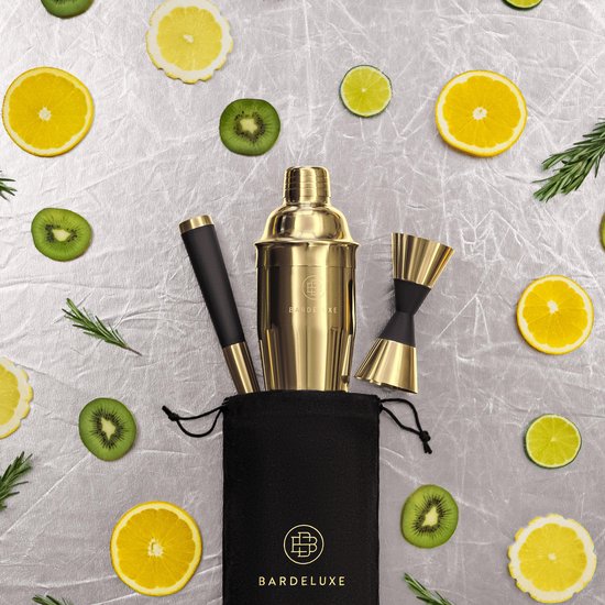 BarDeluxe® Cocktail Set - 3-teiliger 750 ml Cocktail Shaker mit Jigger & Stamper - Inklusive holländischem Rezeptbuch - Luxus Geschenk - Gold