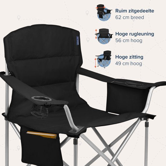 TRVLMORE Campingstühle - Zusammenklappbar - 2 Stück - XL - Klappstühle - 150 kg Belastbarkeit - Getränkehalter - Kühlfach - Seitentasche - Schwarz