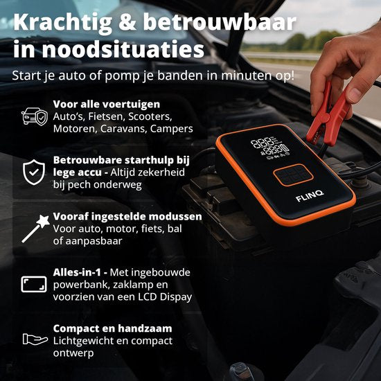 FlinQ 12V Starthilfe für Auto & Motorrad - 4-in-1 Luftkompressor, LED-Taschenlampe, SOS-Notleuchte & Powerbank - Elektrische Reifenpumpe - Starthilfe - inkl. Aufbewahrungstasche