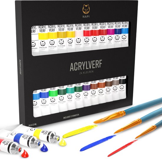 NAPI Acrylfarbe 24 Farben + 3 Pinsel - Gebrauchsfertig - Inklusive Farbkreis - Hobby-Farbset - Malen mit Acrylfarbe - 24 Tuben