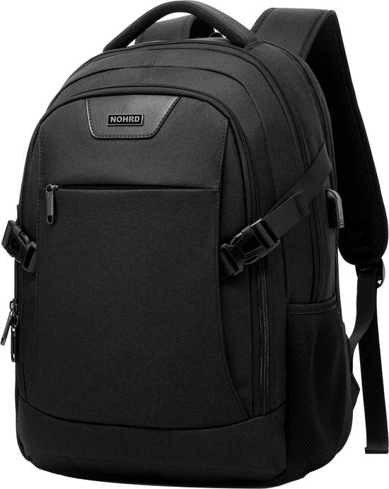 NOHRD Laptop Rucksack - Schwarz - Anti-Diebstahl - Laptoptasche 15.6 Zoll - USB Ladestation - Rucksack Damen & Herren - Wasserabweisend - Schultasche Mädchen & Jungen - Büchertasche mit Laptopfach