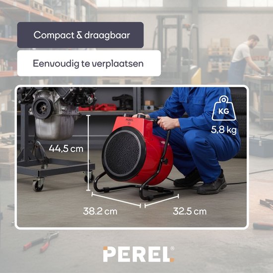 Perel Elektroheizlüfter 3000W, 2 Heizstufen, Thermostat und Kühlmodus, IP24, Überhitzungs- und Kippschutz, kompakte tragbare Heizung für Werkstatt, Garage, Schuppen