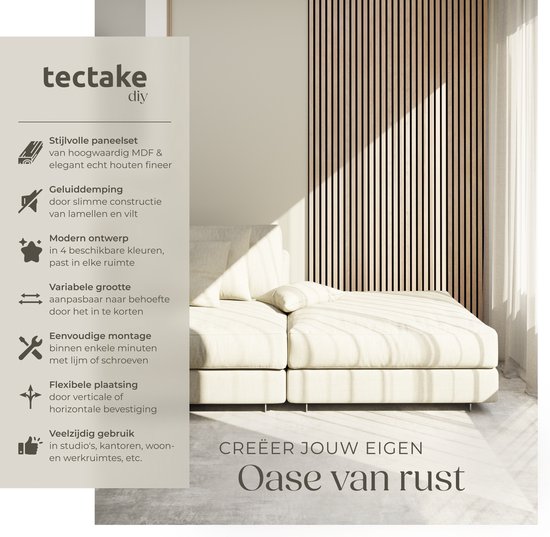 tectake® Akustikplatten – 4er-Set – Akustik-Wandplatte – 60 x 120 cm - 2,88 m² - Wandpaneele mit anpassbarer Größe - Lattenwand aus MDF und Holzfurnier - Schalldämmung - Stilvolle Wanddekoration - Einfache Montage - Helle Eiche