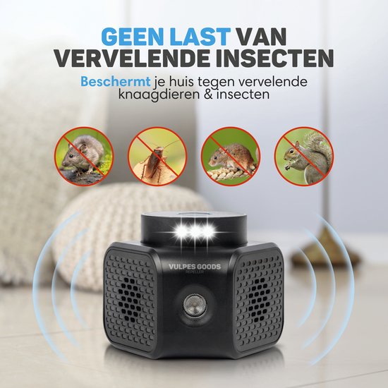 Vulpes Goods Ultraschall Schädlingsabwehr – Repeller gegen Mäuse, Ratten & Insekten – 4 Modi – LED – Schwarz
