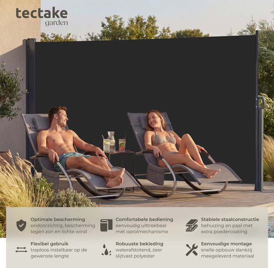 tectake® Ausziehbarer Windschutz mit Aufrollmechanismus – 300 x 180 cm – Seitenmarkise mit Aluminiumrahmen – Sonnenschutz – Gartenschutz – Schwarzer Balkon-Sonnenschutz – Undurchsichtiger Sichtschutz – Markisentuch