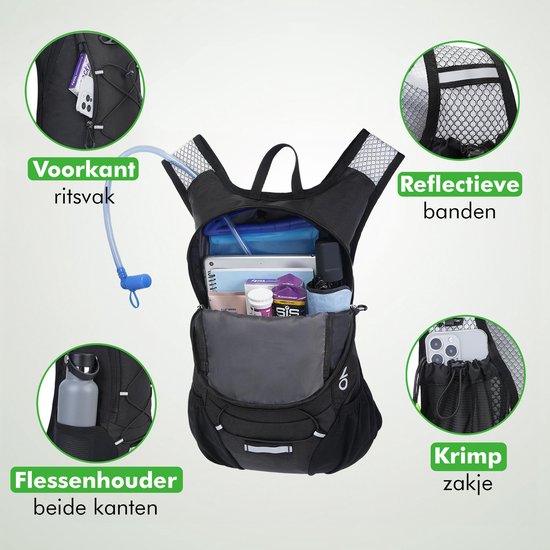 Travelhawk Trinkrucksack - Laufrucksack - Geeignet für 2L Wassersack - Wasserabweisend, leicht, reflektierend - 12L - Schwarz