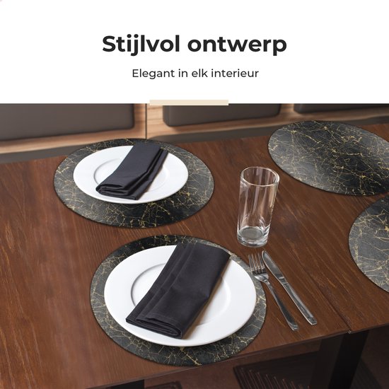 Castagnola Tischsets in Lederoptik - Runde Tischsets - Rutschfeste Kunstleder Tischsets - Wasserabweisende Untersetzer - Untersetzer - 6 Stück - Durchmesser 38 cm - Schwarz/Gold