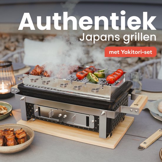 KitchenBrothers Kamado Hibachi Grill - PFAS frei - mit Grillrost und Stöcken - Holzkohlegrill - Shichirin Tischgrill - Rechteckiger BBQ - Keramikgrill - Schwarz