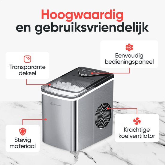 Kitchenwell Eiswürfelbereiter - 2L - 12kg/24 Stunden - Selbstreinigungsfunktion - Silber
