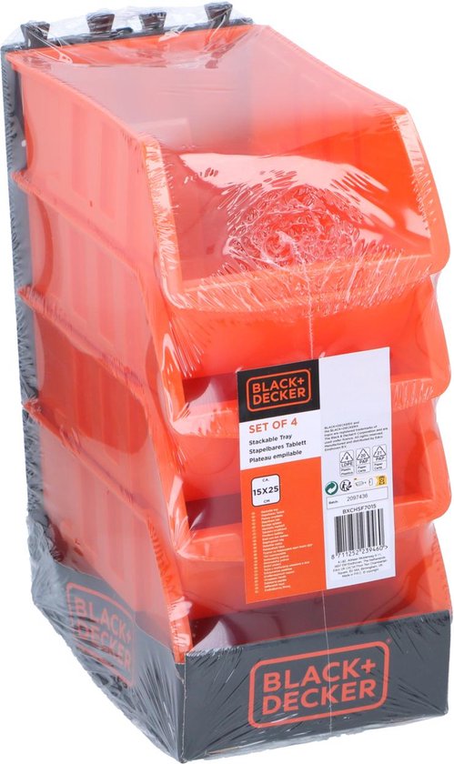 BLACK+DECKER Stapelbarer Organizer - 4 Stück - Ideal für Werkzeuge, Make-up und Schreibtischorganisation - 15 x 24 CM - Kunststoff - Orange