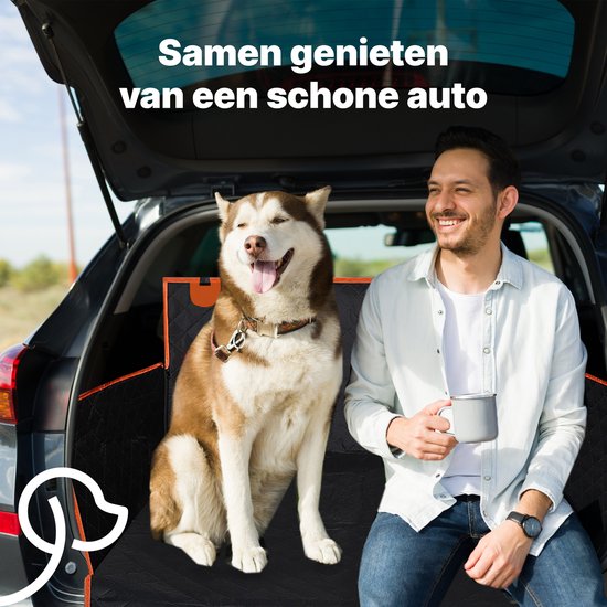 Jake und Jacky Hundedecke Auto Kofferraum - Autodecke Hund - Schutzhülle - Inklusive Aufbewahrungsbeutel & Autoriem - Schwarz/Orange
