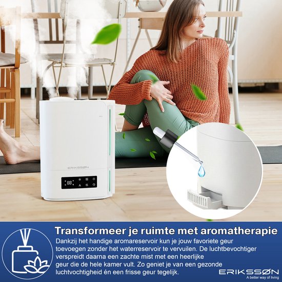 Erikssøn Luftbefeuchter Hydra Comfort - 6 Liter - Geeignet für Wohnzimmer, Büro, Schlafzimmer, Babyzimmer - Mit Aromatherapie - Weiß