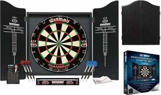 WINMAU - Professionelles Dart-Set mit Diamond Plus Bristle Dartscheibe, schwarzes Gehäuse, mit 2 Dart-Sets und offizieller Oche-Linie