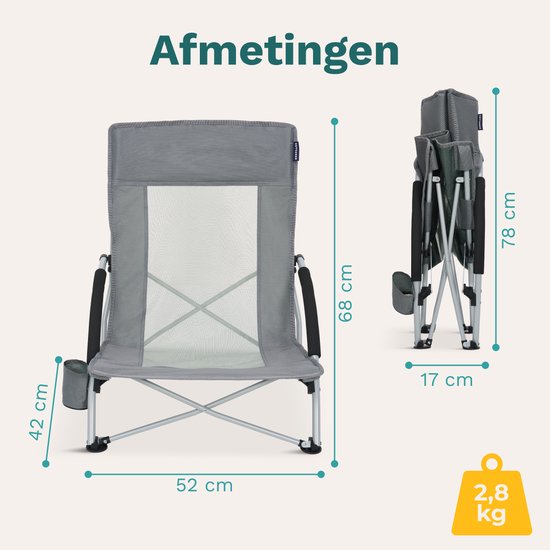 TRVLMORE Strandkorb - zusammenklappbar und faltbar - 120KG Tragkraft - Leichtgewicht - mit Tragetasche und Becherhalter - Grau