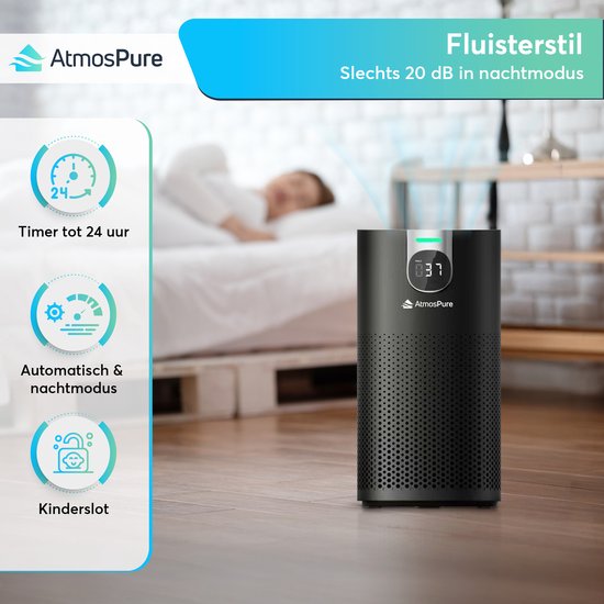 AtmosPure® CleanAir Luftreiniger - Luftreiniger mit austauschbarem HEPA 13 + Kohlefilter - CADR 250 m³/h - Schwarz - Für 98 m² - Wirkt gegen Staubmilben, Heuschnupfen, Allergien, -3 Modi + stiller Schlafmodus - Luftqualitätssensor