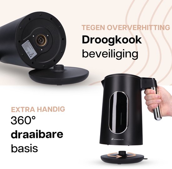 HomeShift® Wasserkocher mit Temperaturkontrolle - Warmhaltefunktion - Doppelwandig - Elektrisch - 1,7 Liter - 2200W - Schwarz