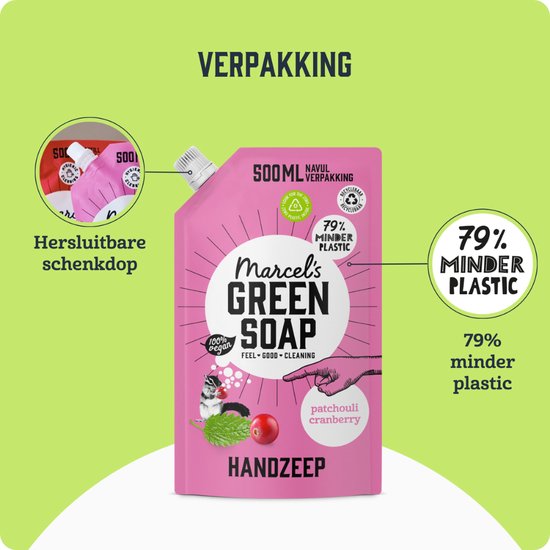 Marcel's Green Soap Handseife Nachfüllpackung – Patchouli & Cranberry – 6 x 500 ml
