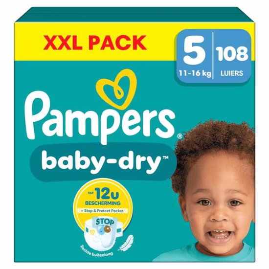 Pampers Baby-Dry Windeln – Größe 5 (11–16 kg) – 108 Stück – Vorteilspackung – „Stop and Protect“ – Einzigartige zusätzliche Schicht – Saugfähiger Kern – Doppelte Schutzränder (bis Größe 5+)