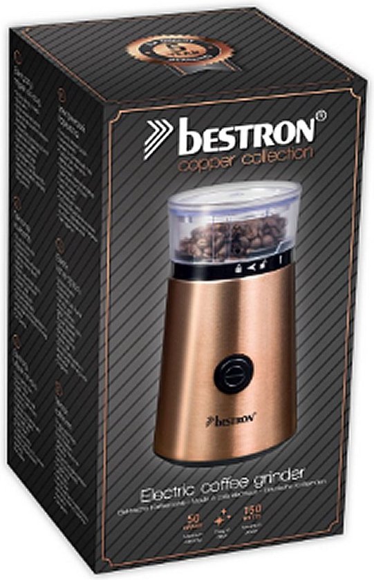 Bestron ACG1000CO Elektrische Kaffeemühle - 150W - Messer aus Edelstahl - 50g Fassungsvermögen - Farbe Kupfer - Für Kaffeebohnen & Gewürze - 5 Jahre Garantie