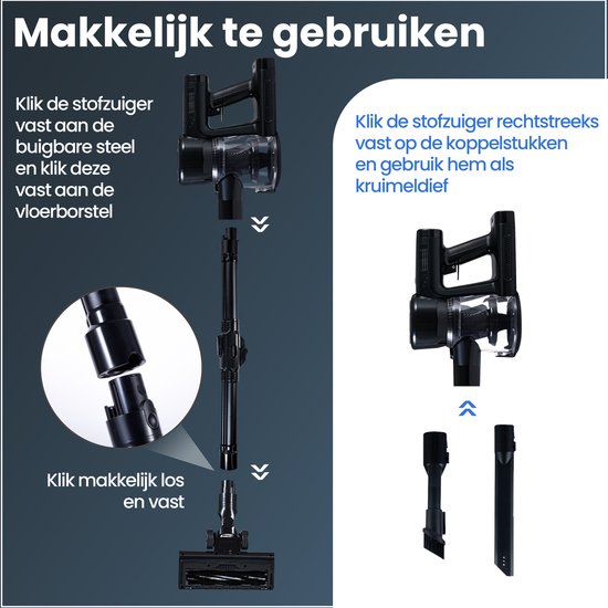 Saaf G100 Stabstaubsauger - 9-teiliges Set mit biegbarem Griff - 35.000Pa - Staubsauger ohne Beutel - 250W - Kabellos - Schwarz