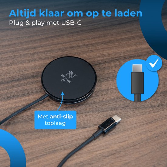 Nuvance Wireless Charger - 15W Schnellladegerät - geeignet für Magsafe - Wireless Charger - inkl. Usb-C Kabel - Schwarz