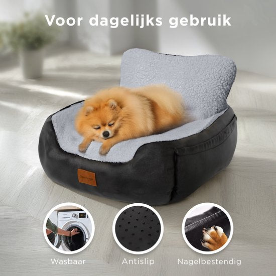 CozySense® Hundeautositz - Hundekorb Auto mit Sicherheitsgurt und Staufach - für kleine Hunde - Vorder- oder Rücksitz - Schwarz/Grau