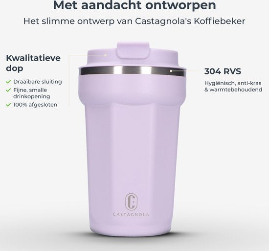 Castagnola Thermos Cup - Kaffeebecher To Go - Reisebecher für Kaffee und Tee - Teebecher - 380 ML - Edelstahl - Hellviolett - Achteck