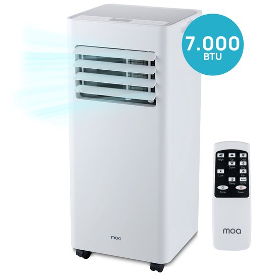 MOA Mobile Air Conditioner - 7.000 BTU - Klimagerät - Fernbedienung - Energieklasse A - Fensterdichtungssätze - Bis zu 60 m³ Kühlleistung - Entfeuchter - Weiß