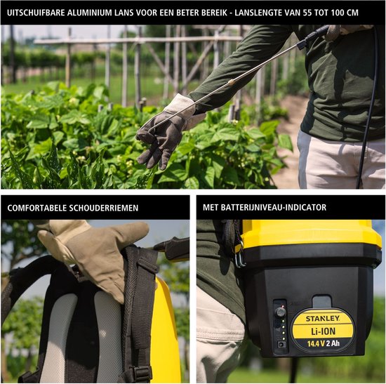 Stanley Drucksprühgerät 16 L hinten, Rückensprühgerät Garten, Drucksprühgerät, elektrisch, wiederaufladbare Lithium-Batterie, Teleskoplanze, verstellbare Düse, Autonomie 2 h, max 5 bar, 0,60 l/Minute, gelb/schwarz