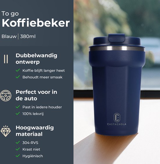 Castagnola Thermosbecher - Kaffeebecher To Go - Reisebecher für Kaffee und Tee - Teebecher - 380 ML - Edelstahl - Dunkelblau - Achteck