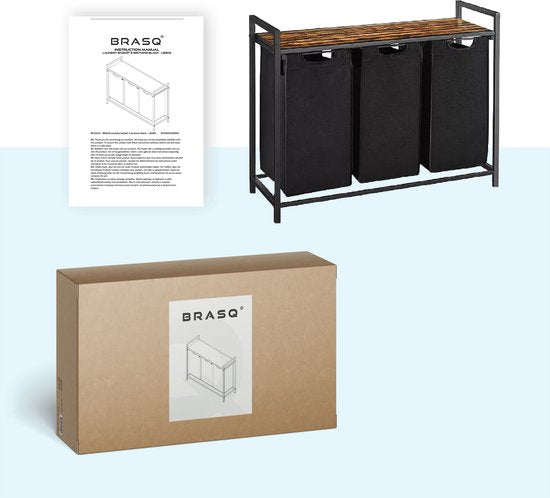 BRASQ Wäschekorb 3 Fächer - Wäschesortierer 114 Liter - Ausziehbar mit Regal 92,5x33x71 cm - Wäschebox Schwarz Metall - Braunes Holz - Korb