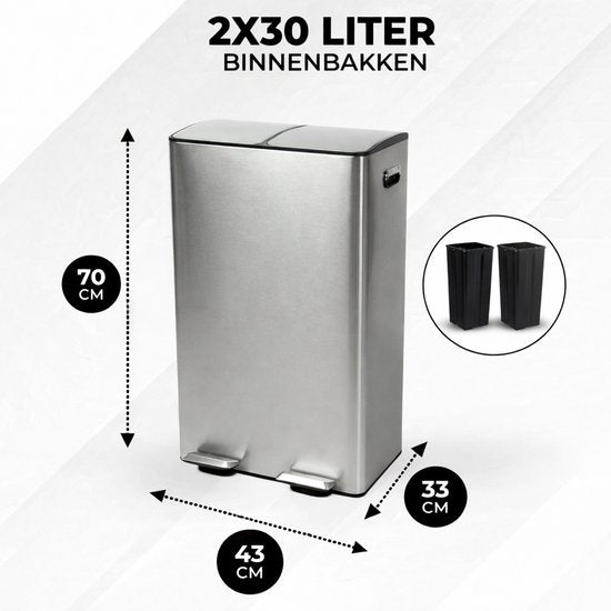 Bayt Mülleimer - Mülleimer 60 Liter (2x30) - Mülleimer 60 Liter - Treteimer 60 Liter - Mülleimer Mülltrennung - Mülleimer 2 Fächer - Mülleimer - Edelstahl - Silber