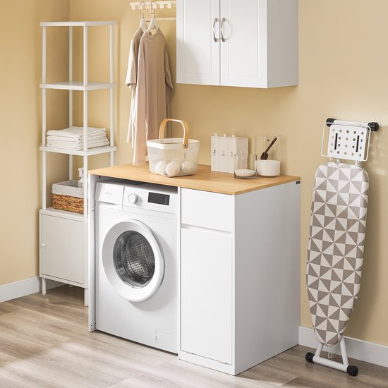 SoBuy Waschmaschinenschrank - Badschrank mit Wäschekorb und Schublade, für Waschmaschine und Wäschetrockner, Waschmaschinenschrank aus Holz, weiß, 100 x 60 x 90 cm, BZR217-WN