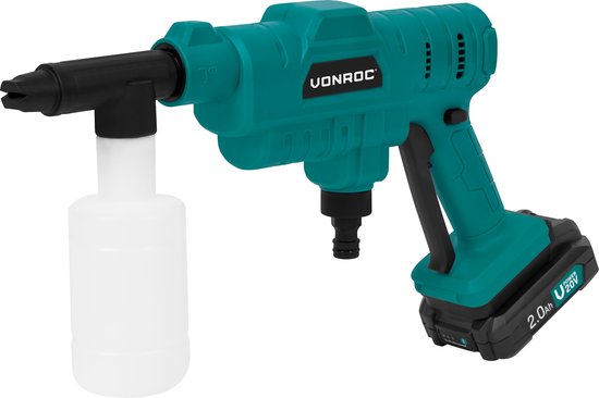 VONROC Accu Druckreiniger 20V - 24bar - 198 l/h - Inkl. 5m Saugschlauch, Reinigungsmittelflasche und verstellbare Düse - Inkl. 2.0Ah Akku und Schnellladegerät