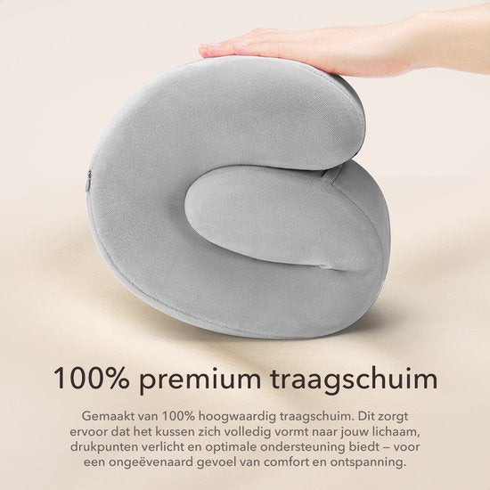 SKYCASES Travel Essentials - Nackenkissen-Set 3-teilig - Ergonomisches Memory Foam Reisekissen mit Augenmaske und Ohrstöpsel - Ideal für Flugzeug, Auto und Zug - Kompakt und luxuriös - Hellgrau